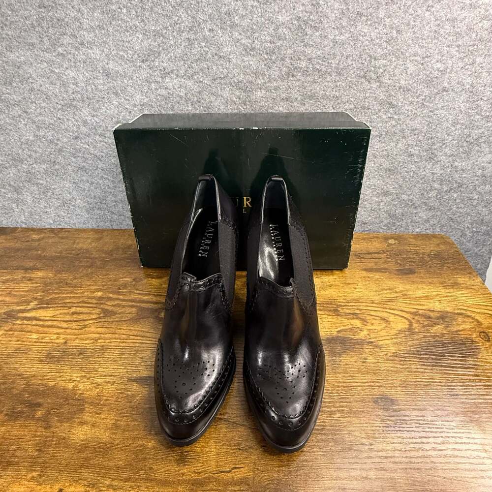 Lauren Ralph Lauren Black Leather Brogue Heeled Ankle Booties